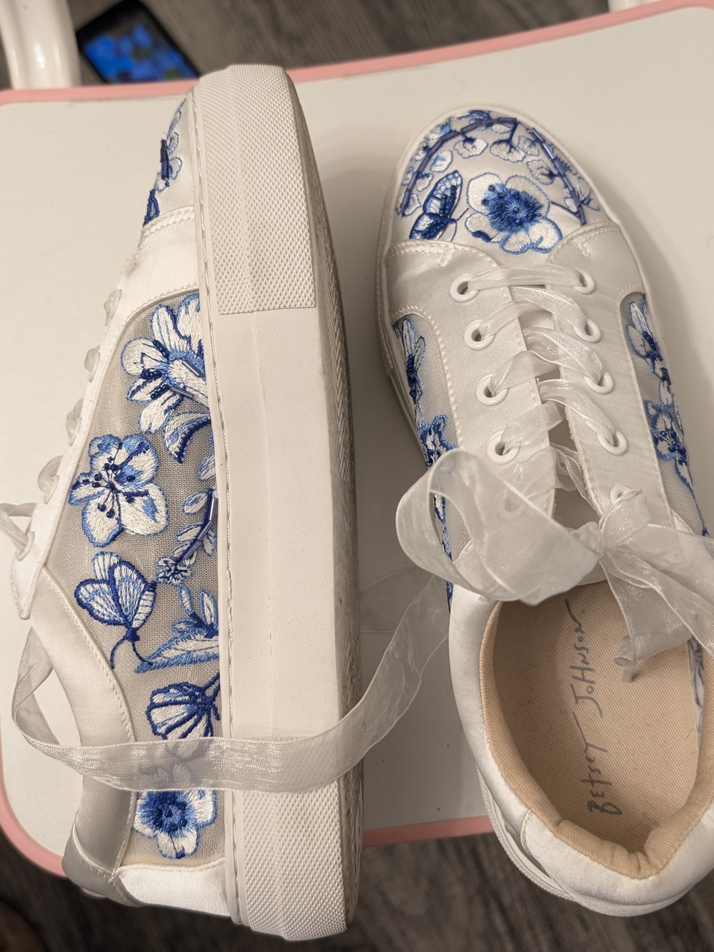 Betsey Johnson White Sneakers with Blue Floral Embroidery
